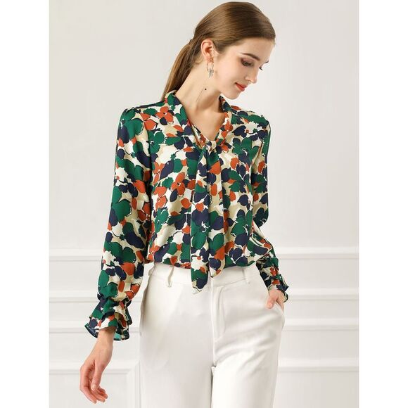 Floral Tie V Neck Blouse Chiffon Ruffle Trumpet Top Green - Picture 3 of 6